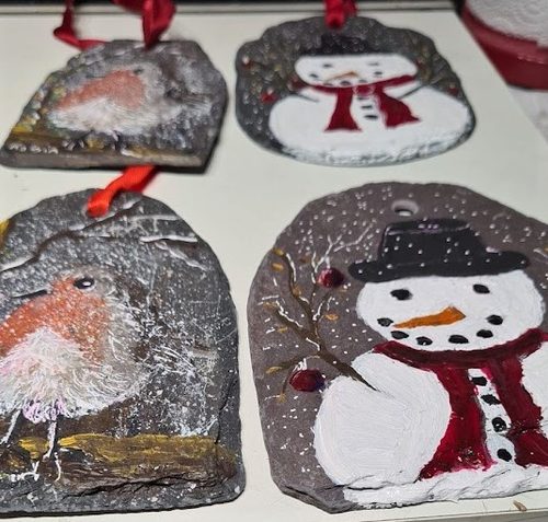 Chris M, Robins and Snowmen, acrylic on slate.
